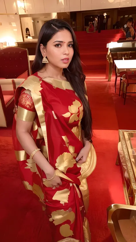 there is a woman standing in a room with a red carpet, candid picture, sari, dressed in a sari, very extremely beautiful, very beautiful photo, stylish pose, very beautiful enga style, wearing a sari, with lovely look, very beautiful, wearing sari, beutifu...