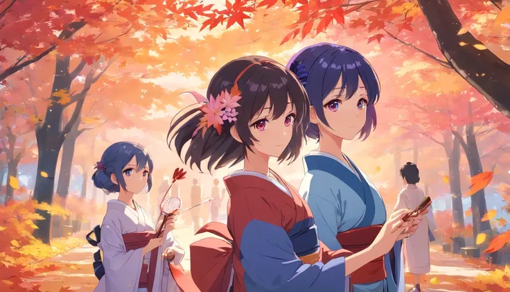 3 girls go to the fuji kawaguchiko autumn festival, wearing kimonos, best quality ,highly detailed, masterpiece, ultra-detailed, one is looking at the falling autumn leaves, the other two are talking, laughing with each other, one person with iridescent bl...