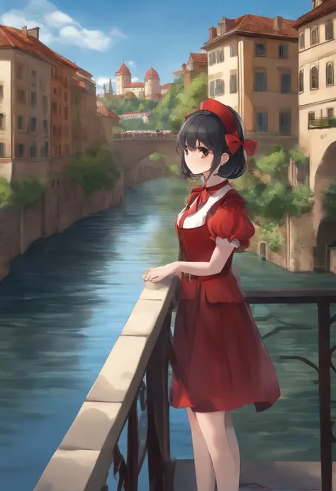 1girl,bangs,black_hair,blue_sky,bridge,building,castle,city,cityscape,cloud,day,dress,looking_at_viewer,outdoors,red_neckwear,red_ribbon,ribbon,river,short_hair,short_sleeves,sky,skyscraper,solo,standing,town,water,(masterpiece,anime,newest,new,exceptional...