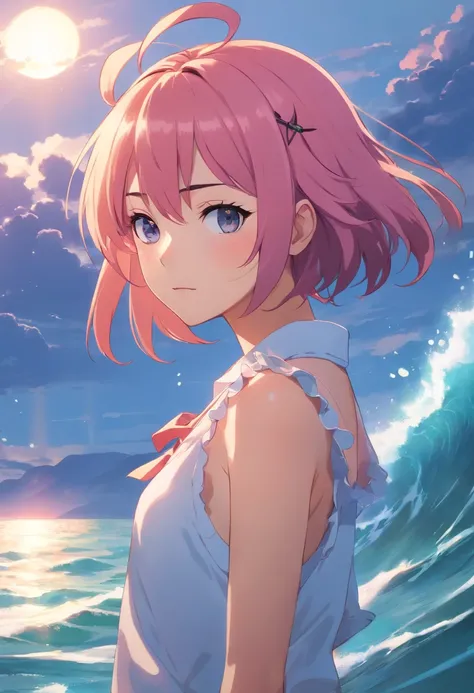 In the mysterious sea , anime styled, 8K, A detailed eye, perfect  eyes, epicd, Dramatic, magnifica, full bodyesbian, intricate design and details, dramatic  lighting, 8K, 详细的脸,Pink hair、One piece with pink ruffles、Orange rabbit ears from the head