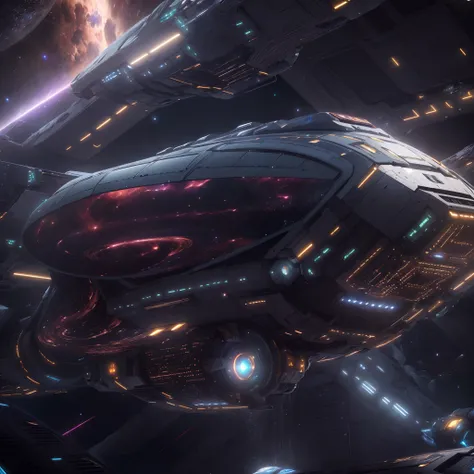 A huge spaceship,full bodyesbian，Solo，Spaceships in the Avengers，seen from outside，(multiple lighting sources:1.5),Detailed hull details,Cosmic galaxy background,Escaped spaceship,((Best quality)), ((Masterpiece)), (Epic composition:1.2), (unreal 5 render:...