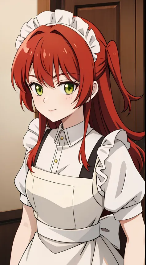 anime girl with red hair and green eyes in a maid uniform, promo still, she is 1 6, childhood friend, reddish beard, [[[[grinning evily]]]], wise appearance, ultra detail, hight quality, best quality