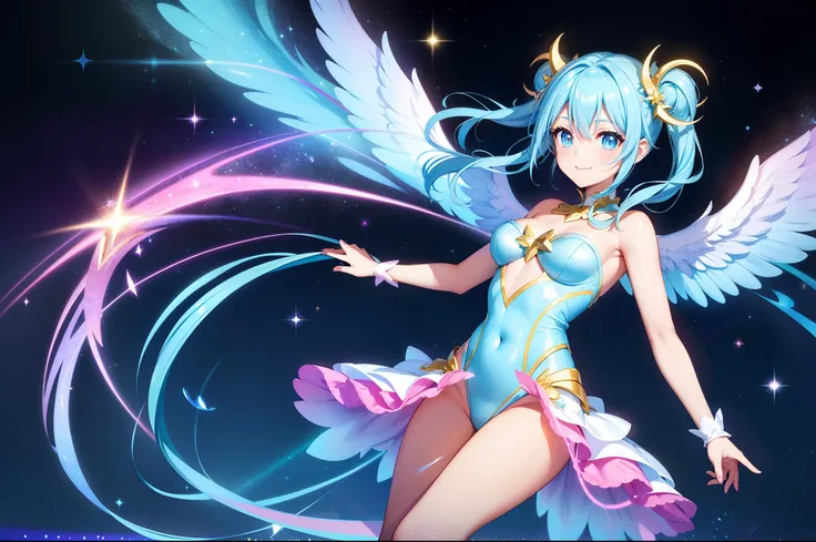 Super Idol　a beauty girl　A charming smile　sky blue hair　length hair　Twin-tailed　Glittery bright pink and white and blue and yellow leotards　Facing straight ahead、arms spread wide、Spread 6 large iridescent angel wings on the back　Mystical　Spectacular sparkl...