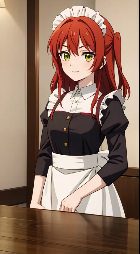 anime girl with red hair and green eyes in a maid uniform, promo still, she is 1 6, childhood friend, reddish beard, [[[[grinning evily]]]], wise appearance, ultra detail, hight quality, best quality