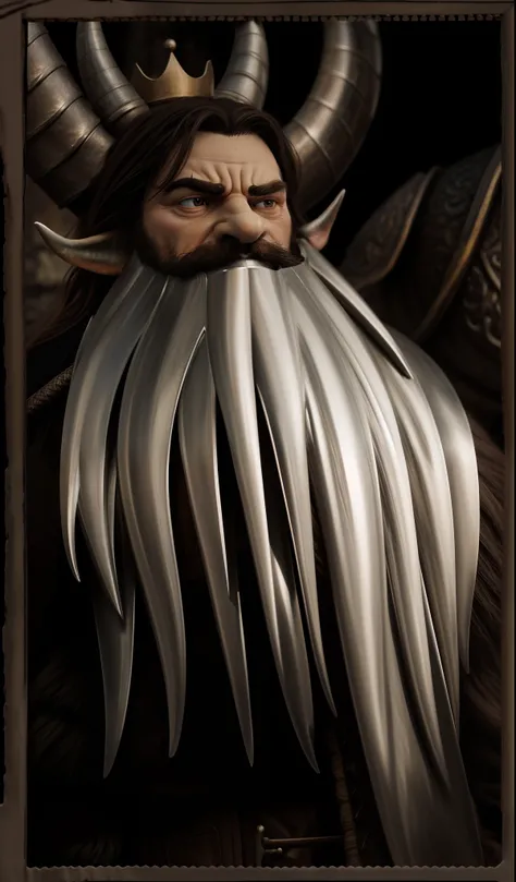 masterpiece, high quality, detailed photo, horned head with a long beard, angry face, (big nose, proportional nose:1.5), dwarf king in armor, dwarf plate armor, dwarf warrior armor, detailed hair, detailed face, detailed armor