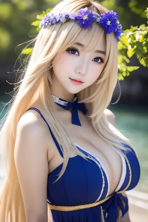 20-year-old woman in Ukrainian costume、Corolla wreath blue eyes with a wreath on the head、Blue eyes on background、a river、blue open sky、Realistic illustration of bright sunset in the afternoon、1人の女性、blue-sky、Bright and very beautiful face、年轻, shiny white s...