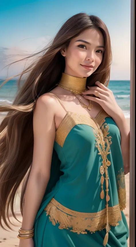 Capture a carefree and bohemian-inspired portrait of the Malay woman on a beach, long golden brown hair, wavy hair with bangs, wearing a flowing outfit, and striking a relaxed, sun-kissed pose against the sea and sky.