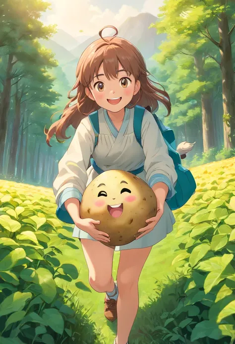 (best quality,4k,8k,highres,masterpiece:1.2),ultra-detailed,(realistic,photorealistic,photo-realistic:1.37),potato with human features,bright and sunny field,expanding forest and mountains in the distance,potato person with uplifted hands and an innocent s...