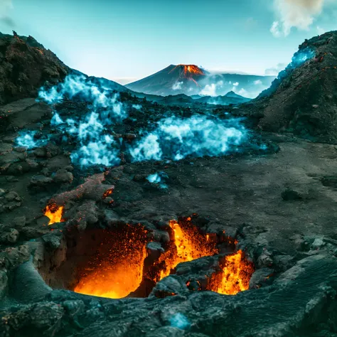 a miniature volcano inside a glass jar. jar is placed on the window sill. volcano eruption with smoke and fire coming out, lava ...