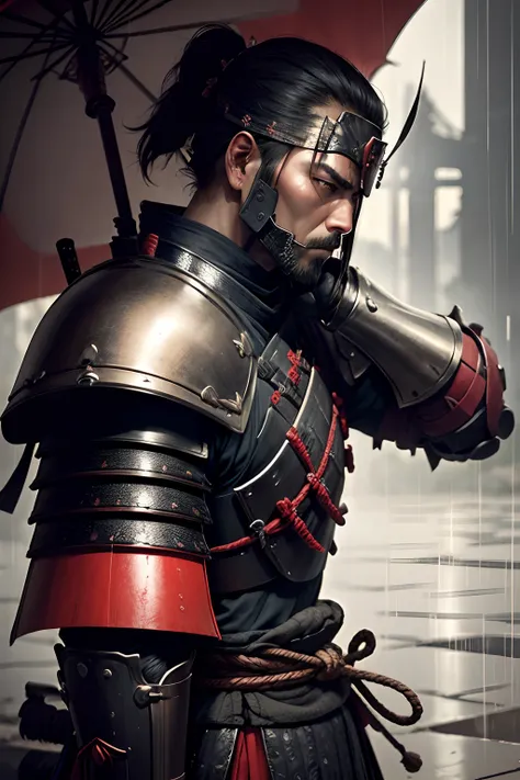 Samurai with armor head down in the rain