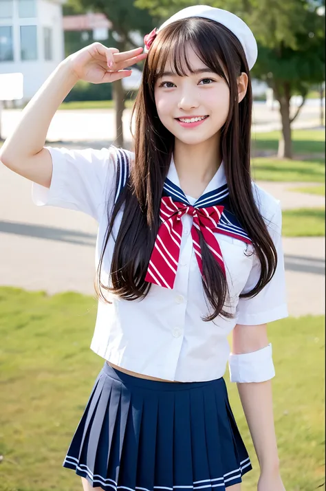 girl standing in seaside park,sailor school uniform with red bow tie,18-year-old,bangs,a little smiles,thighs,knees,from below