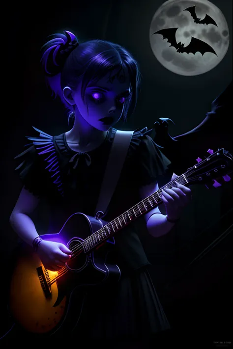 Halloween theme of a skul playing guitar in agraveyard with neon lights, moonlit, flying bats, isolated no background, printable, revanimated