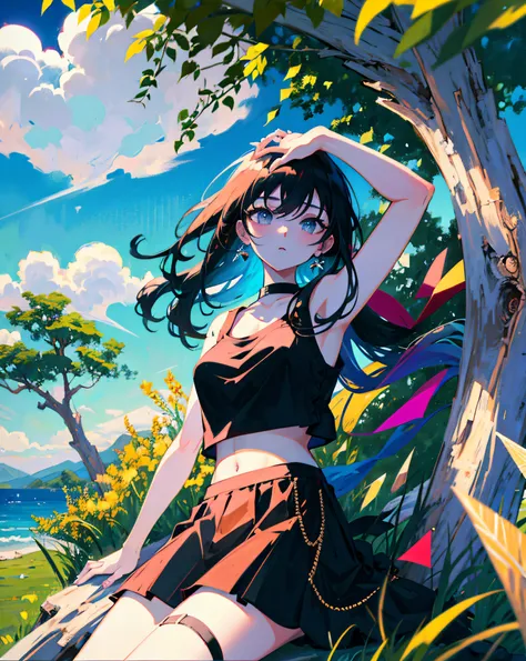 (Realistic painting style:1.0), Masterpiece, Best quality, absurderes, comic strip, illustration,
1 girl, long hair, cute girl, young and cute girl, Korean girl, {Breasts}, hana, 
a girl sitting on a rock near a tree in a black dress, wearing a sexy croppe...