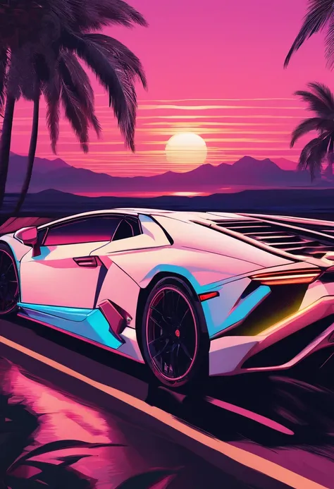 Lamborghini before sunset, vaporwave style, Neon style, Soft lines, Vector sticker art, Vector core, intricately details, white backgrounid , 8K