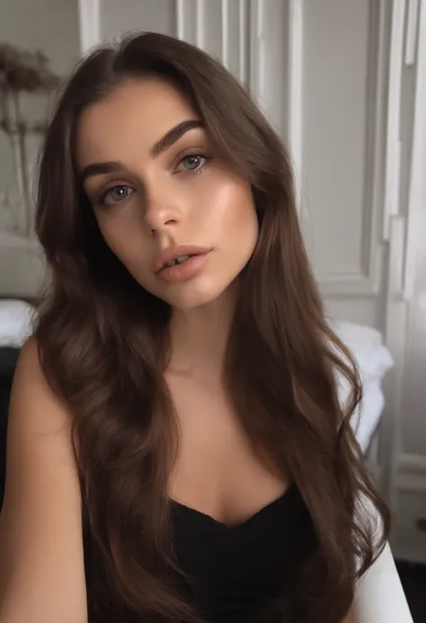 arafed woman with black clothes, sexy girl with brown eyes, portrait sophie mudd, brown hair and large eyes, selfie of a young woman, bedroom eyes, violet myers, without makeup, natural makeup, looking directly at the camera, face with artgram, subtle make...