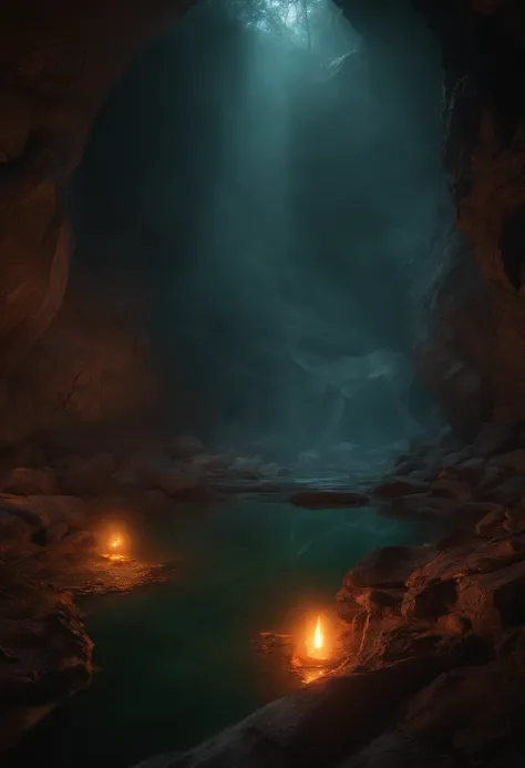 there is a picture of a painting of a pond in the woods, cave background, dark gloomy cave background, sewer background, dungeon background, underground lake, odins stone arena background, bloodbath battlefield background, hell background, complete darknes...