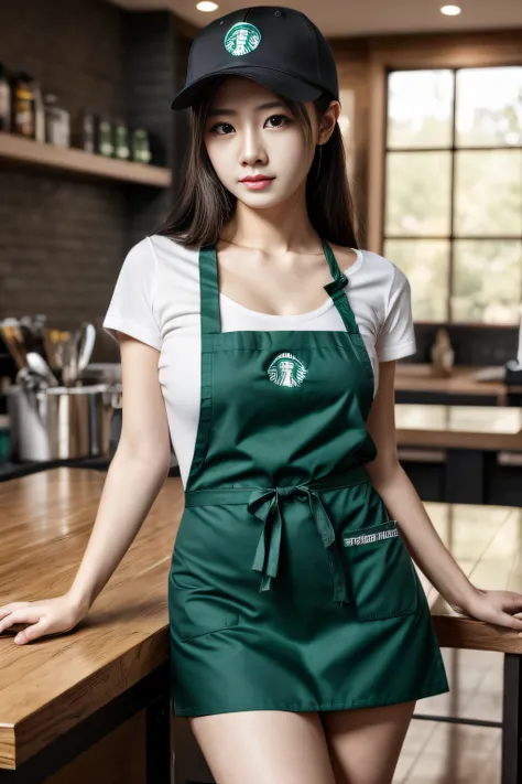 A girl works on a workbench at Starbucks，She wears a black Starbucks baseball cap on her head，She wore only a green Starbucks apron，（wetclothes：1.4）、high high quality、tmasterpiece、Hyper-Resolution、barechested、NAKED Apron、wearing apron、full bodyesbian、 dept...