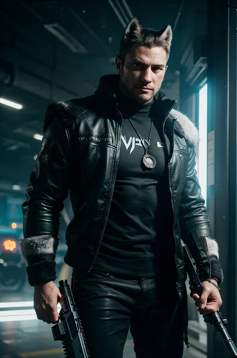 Hyper-realistic anthropomorphic husky warrior at eye level in a cyberpunk 2077 environment holding his weapon as James Bond