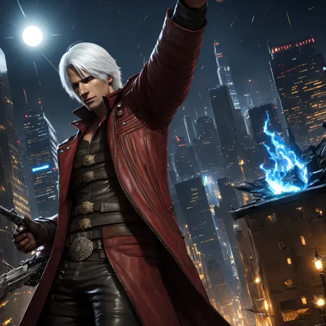 (masterpiece, best quality:1.2), 1boy, dante, white hair, open clothes, coat, fingerless gloves, belt, city, detailed eyes, dest...