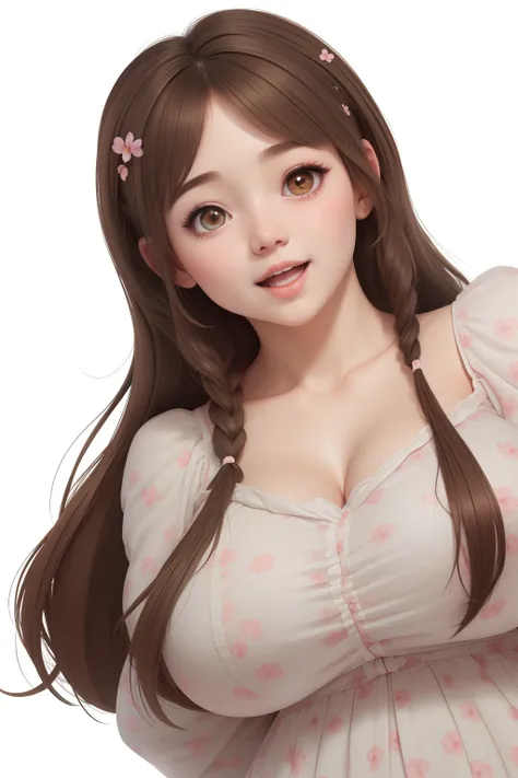 (best quality), big head, (1girl with gigantic breasts:1.3) Cottage core , blossom dress , hair blow , happiness, pastel , brown hair , Fat girl , sweet girl , Comfortable, warming, pretty dress , Ultra Hd , 8k , big breast , korean ,