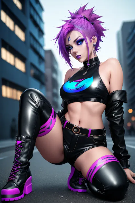 beautiful girl, full body, short bright blue and magenta dishevelled hair, large blue piercing eyes, black eyeshadow, (street style wear:1.2), ((tight fitted pants)), ((knee high leather boots)), (city night background:1.2), dark makeup, digital art, trend...