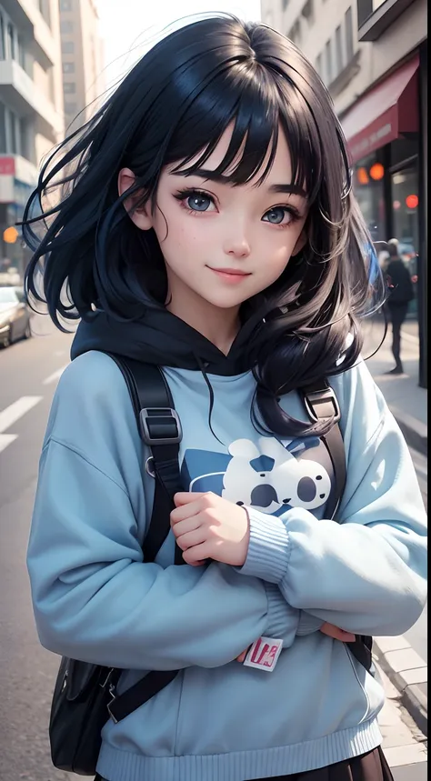 Anime girl, face: cuteness and smiling, eyes: cute and blue colour, clothes: modern clothes blue colour, hair: half black and half blue with best hairstyle, background: dark black, image type: ultra realistic 8k.