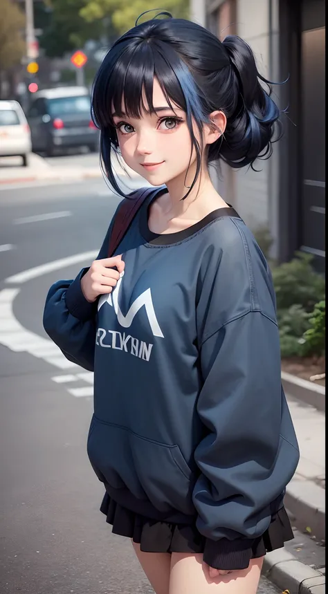 Anime girl, face: cuteness and smiling, eyes: cute and blue colour, clothes: modern clothes blue colour, hair: half black and half blue with best hairstyle, background: dark black, image type: ultra realistic 8k.