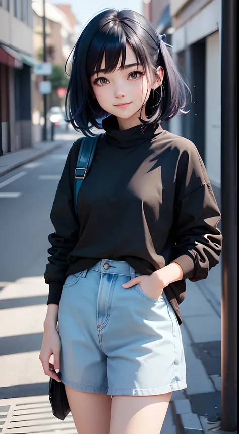 Anime girl, face: cuteness and smiling, eyes: cute and blue colour, clothes: modern clothes blue colour, hair: half black and half blue with best hairstyle, background: dark black, image type: ultra realistic 8k.