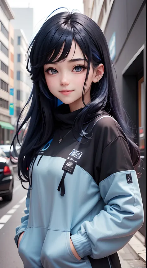 Anime girl, face: cuteness and smiling, eyes: cute and blue colour, clothes: modern clothes blue colour, hair: half black and half blue with best hairstyle, background: dark black, image type: ultra realistic 8k.