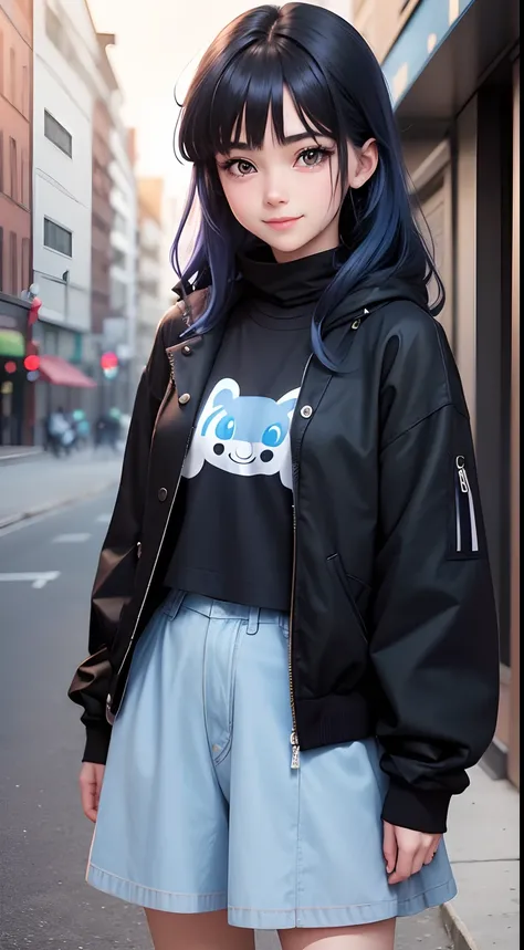 Anime girl, face: cuteness and smiling, eyes: cute and blue colour, clothes: modern clothes blue colour, hair: half black and half blue with best hairstyle, background: dark black, image type: ultra realistic 8k.