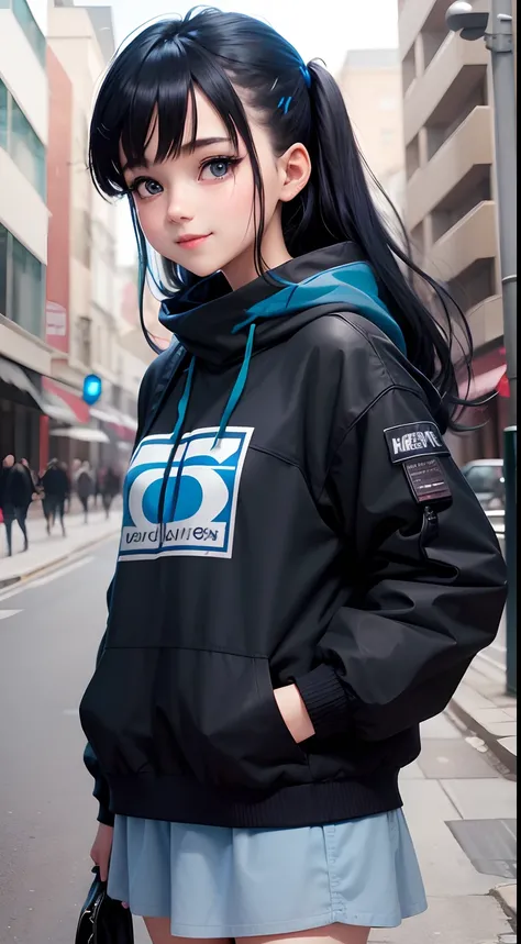 Anime girl, face: cuteness and smiling, eyes: cute and blue colour, clothes: modern clothes blue colour, hair: half black and half blue with best hairstyle, background: dark black, image type: ultra realistic 8k.