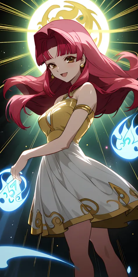 Mulher adulta, anime, Cabelos pretos, olhos azuis, sorriso, vestido de rainha, Elementos de ouro, Mangas, seios grandes, Hiqualidade, 4k, disco Rigido, bom detalhe