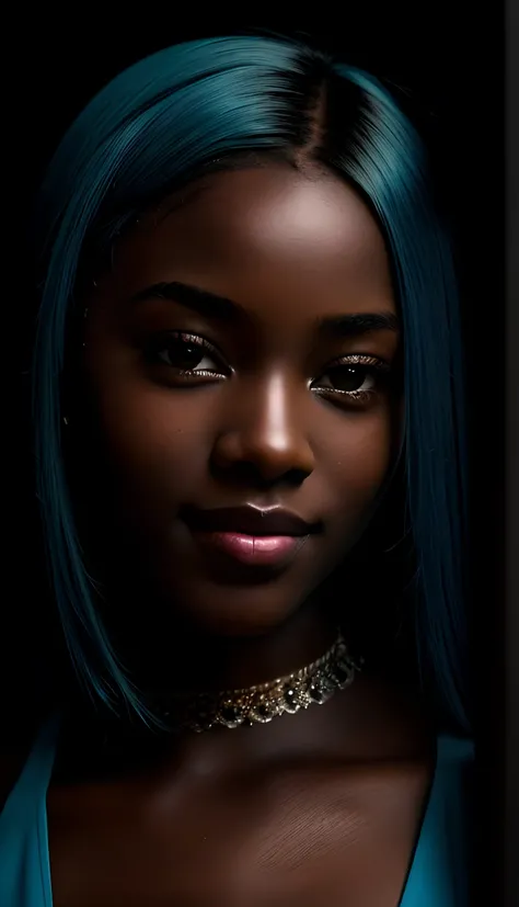 (8k, RAW photo, highest quality), (1 girl), beautiful young ebony girl, Dark skin, teen, teal hair, teal eyes, smile, close up, (detailed eyes:0.8), (looking at the camera:1.4), (highest quality), (best shadow), intricate details, interior, dark studio, mu...