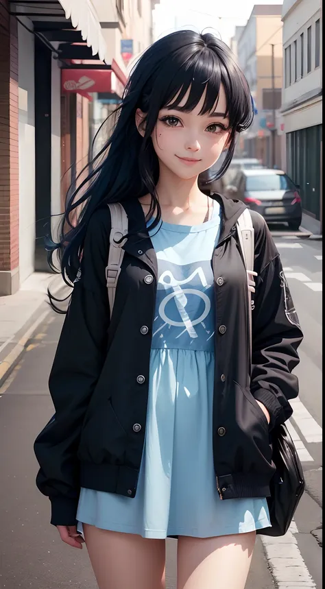 Anime girl, face: cuteness and smiling, eyes: cute and blue colour, clothes: modern clothes blue colour, hair: half black and half blue with best hairstyle, background: dark black, image type: ultra realistic 8k.