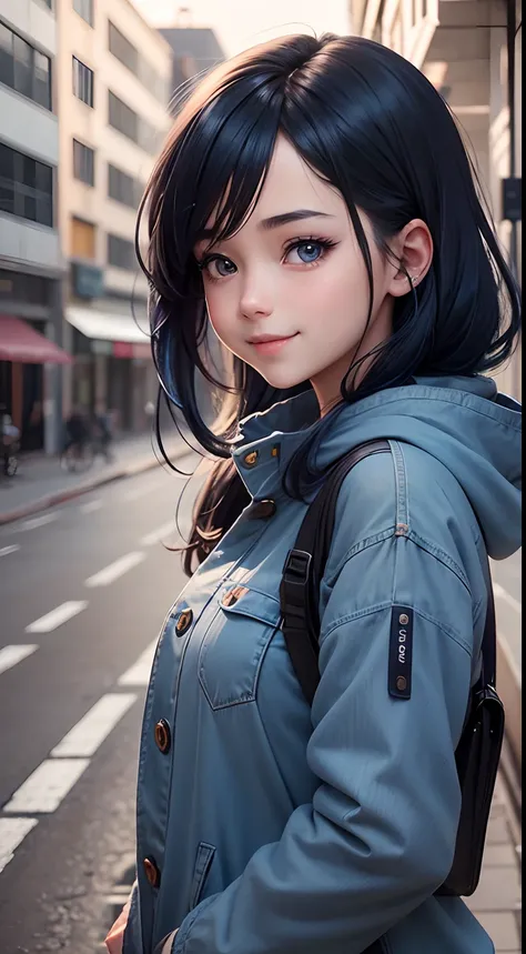 Anime girl, face: cuteness and smiling, eyes: cute and blue colour, clothes: modern clothes blue colour, hair: half black and half blue with best hairstyle, background: dark black, image type: ultra realistic 8k.