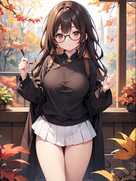 1 female、brown haired、Brown eyes、Black-rimmed glasses、seductive boobs、gorgeous faces、Perfect body。Best Quality、ultra-detailliert、8K resolution、Raw photo、masutepiece。Autumn landscape。a smile。