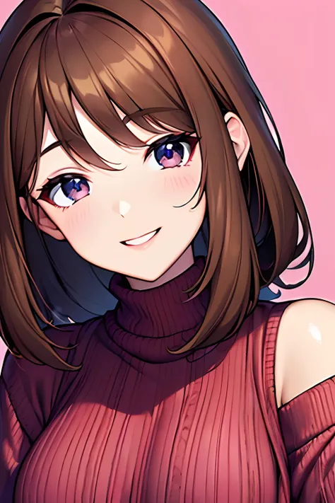 (top-quality、8K、32K、​masterpiece）Brown-haired woman,Wearing knitwear, Beautiful eyes, Smiling、Simple pink background, Minimalism – Rainbow