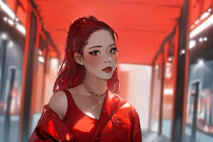 (a girl in a red jacket,a Korean idol,anime), (best quality,4k,8k,highres,masterpiece:1.2), ultra-detailed, realistic:1.37, portraits, vibrant colors, soft lighting, beautiful detailed eyes, beautiful detailed lips, stylish outfit, confident expression, cu...