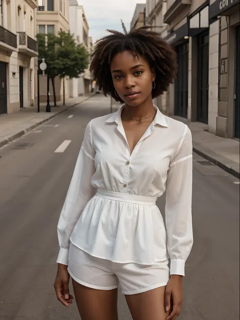 Corps entier , beau visage, Warm light and clear complexion, Afro-American, Detailed, ultra quality, clear chest, mignonne, adorable, chemise blanche et mini jupe debout dans la rue