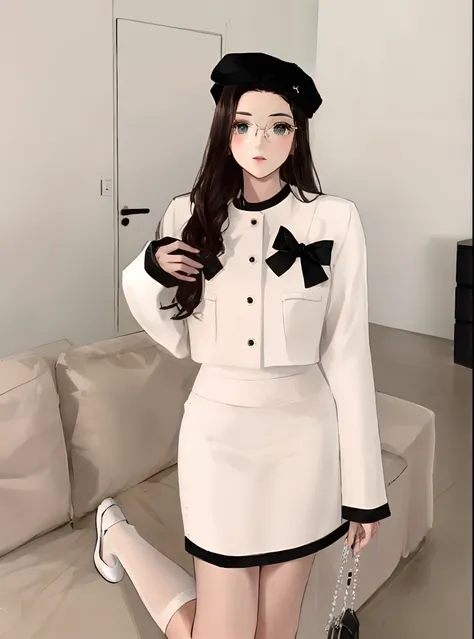 a woman in a white dress and black hat posing for a picture, black beret hat, (glasses:1.1), wavy hair, wearing an elegant outfit, wearing fashion suit, smooth white tight clothes suit, white trendy clothes, wearing jacket and skirt, ( ivory black ), elega...