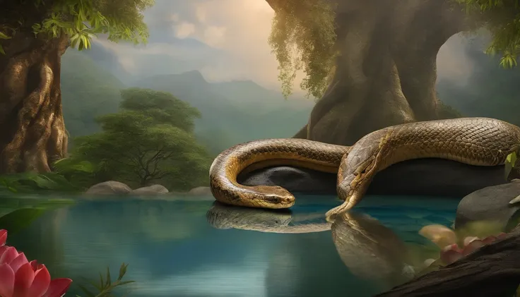 A huge snake rolling on a rock, a pool of water, a lotus flower, a big banyan tree, the king was surprised to see the snake.