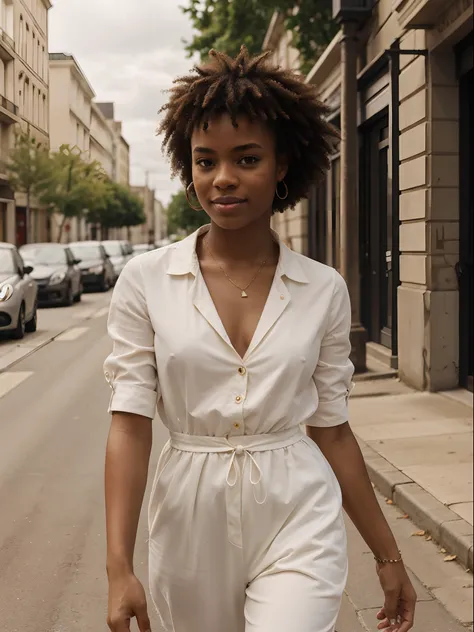 corps entier , beau visage, curly hair,Warm light and clear complexion, afro-american, Detailed, ultra quality, poitrine claire, mignonne, adorable, chemise blanche et mini jupe debout dans la rue avec une amie