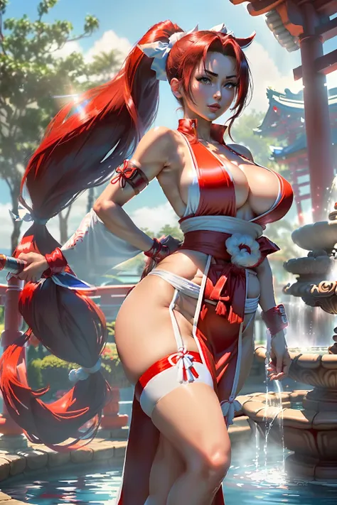 ((Mai shiranui from king of fighters series)) (beautiful face)(big glowing blue eyes)(red lips) (((very long light brown pony tail hairstyle))) ((very huge breasts) (perfect slim body) ((wears sexy red dress with white ornament)), (shinnobi gauntlets, stoc...