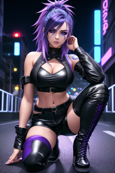 beautiful girl, full body, short bright blue and purple streaked dishevelled hair, large blue piercing eyes, black eyeshadow, (street style wear:1.2), ((tight fitted pants)), ((knee high leather boots)), (city night background:1.2), dark makeup, digital ar...