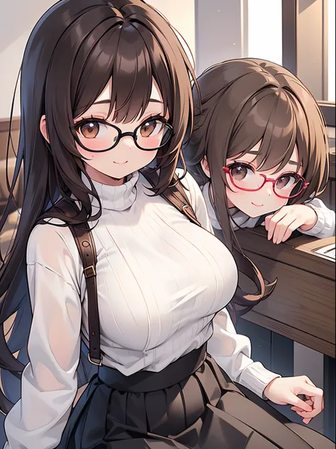 1 female、brown haired、Brown eyes、Black-rimmed glasses、seductive boobs、gorgeous faces、Perfect body。Best Quality、ultra-detailliert、8K resolution、Raw photo、masutepiece。a smile。Sweaters、long  skirt。