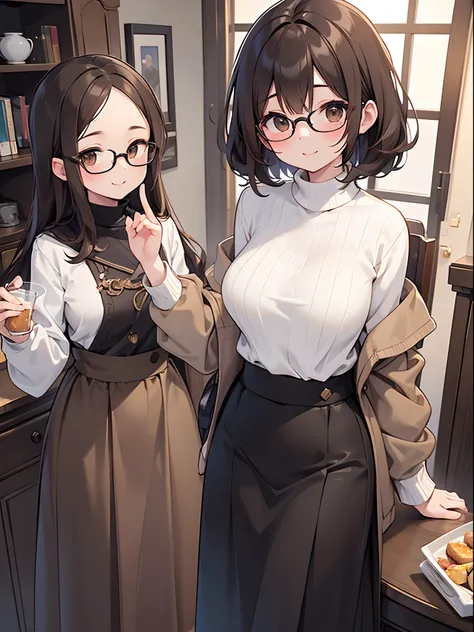 1 female、brown haired、Brown eyes、Black-rimmed glasses、seductive boobs、gorgeous faces、Perfect body。Best Quality、ultra-detailliert、8K resolution、Raw photo、masutepiece。a smile。Sweaters、long  skirt。