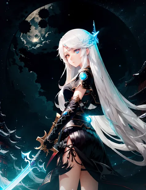 A girl with white long hair, anime style,sword in one hand, glowing art, glowing eye, full moon and star night background, anime art, glowing black sword japanese art, modern style,modern clothes, perfect face,perfect eyes, perfect sword,perfect hands