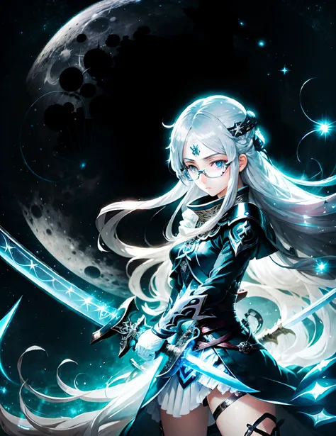 A girl with white long hair, glasses, anime style,sword in one hand, glowing art, glowing eye, full moon and star night background, anime art, glowing black sword japanese art, modern style,modern clothes, perfect face,perfect eyes, perfect sword,perfect h...