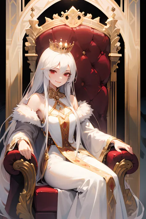 female, queen, white long hair, sexy, royalty, crown, fur coat, red eyes, smile, sitting on the throne, tarot card background, beautiful details, white dress, evil vibe, front view, looking at viewer