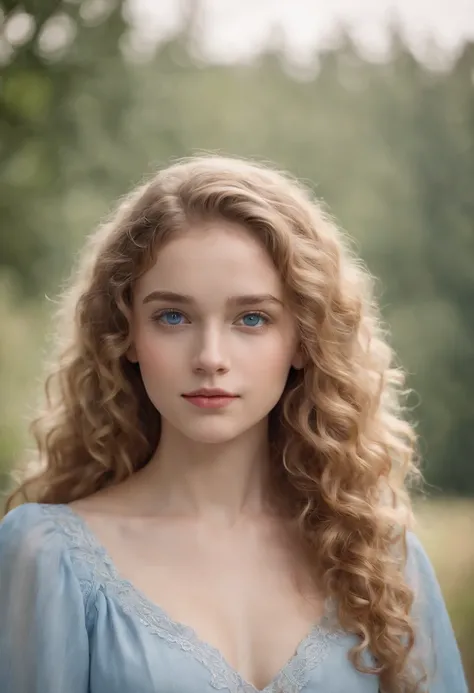 "Full body portrait of a charming 18 year old women with curly light hair, petite figure, beautiful face, captivating blue eyes, and modest bust size, showcasing her natural beauty."